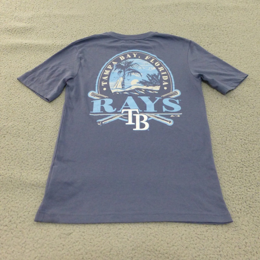Majestic Tampa Bay Rays MLB Graphic T-Shirt Mens Small Navy Blue Florida Surf